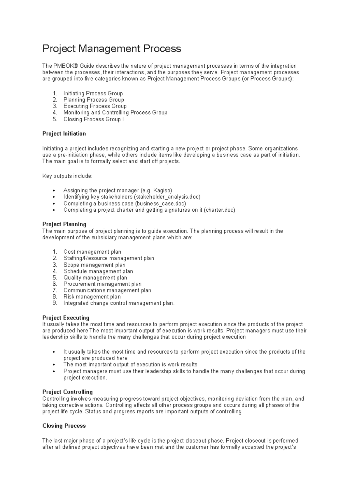 Project Management Process - Project management processes are grouped ...