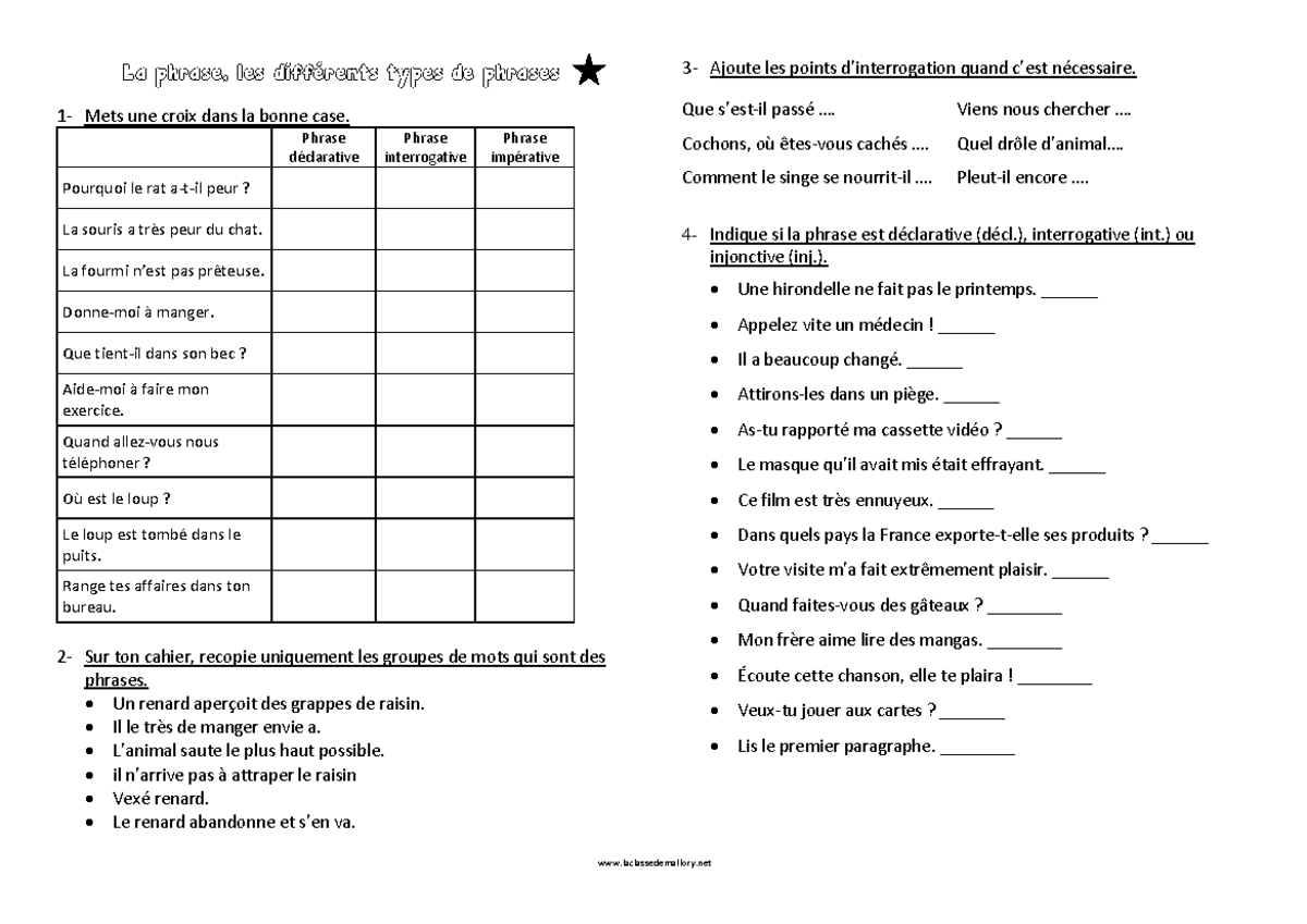 Les Types De Phrases - Leçon Et Exercices CM1 - Numéro 1 Scolarité
