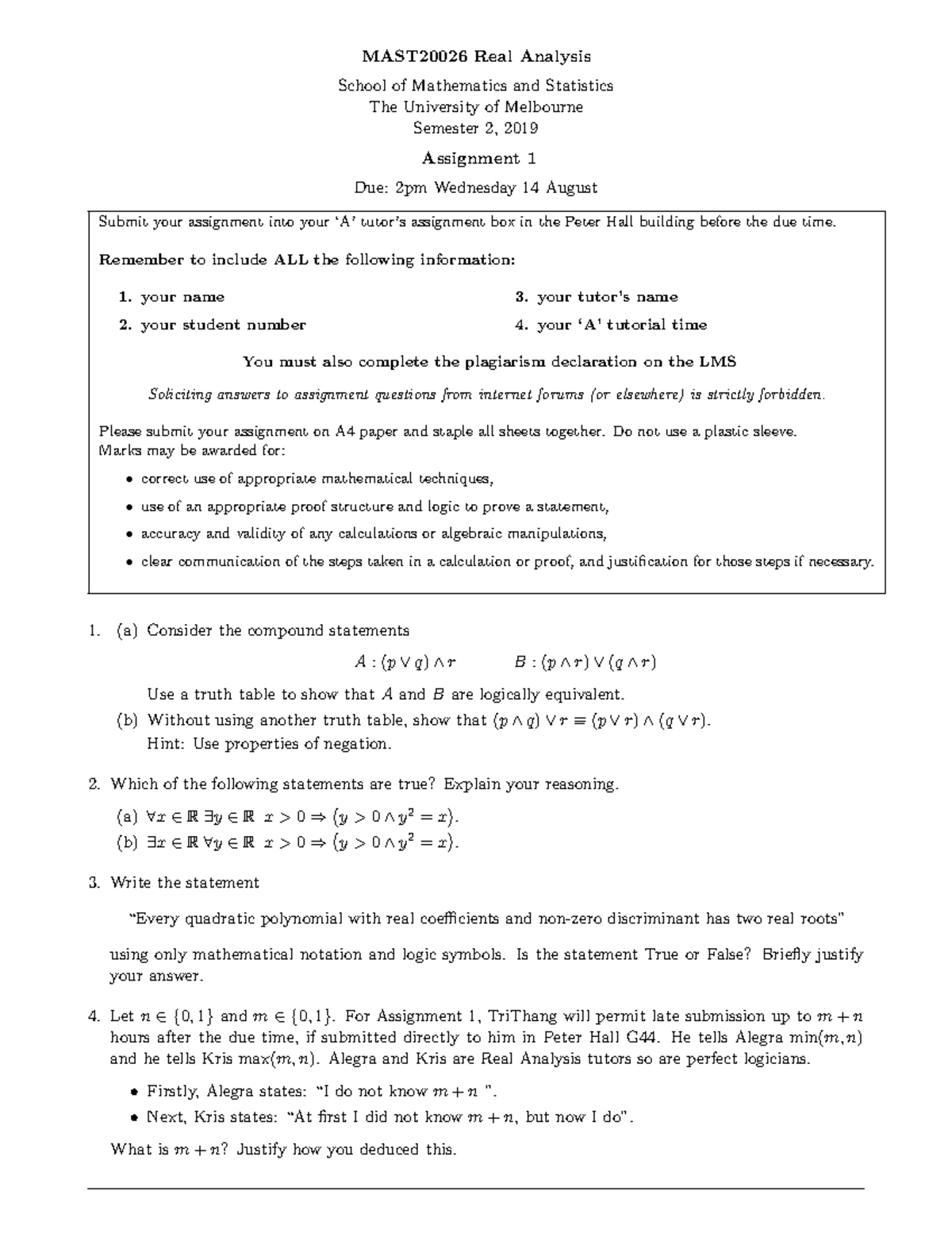 MAST2002 6 2019 s2 assn 1 - MAST20026 Real Analysis School of ...