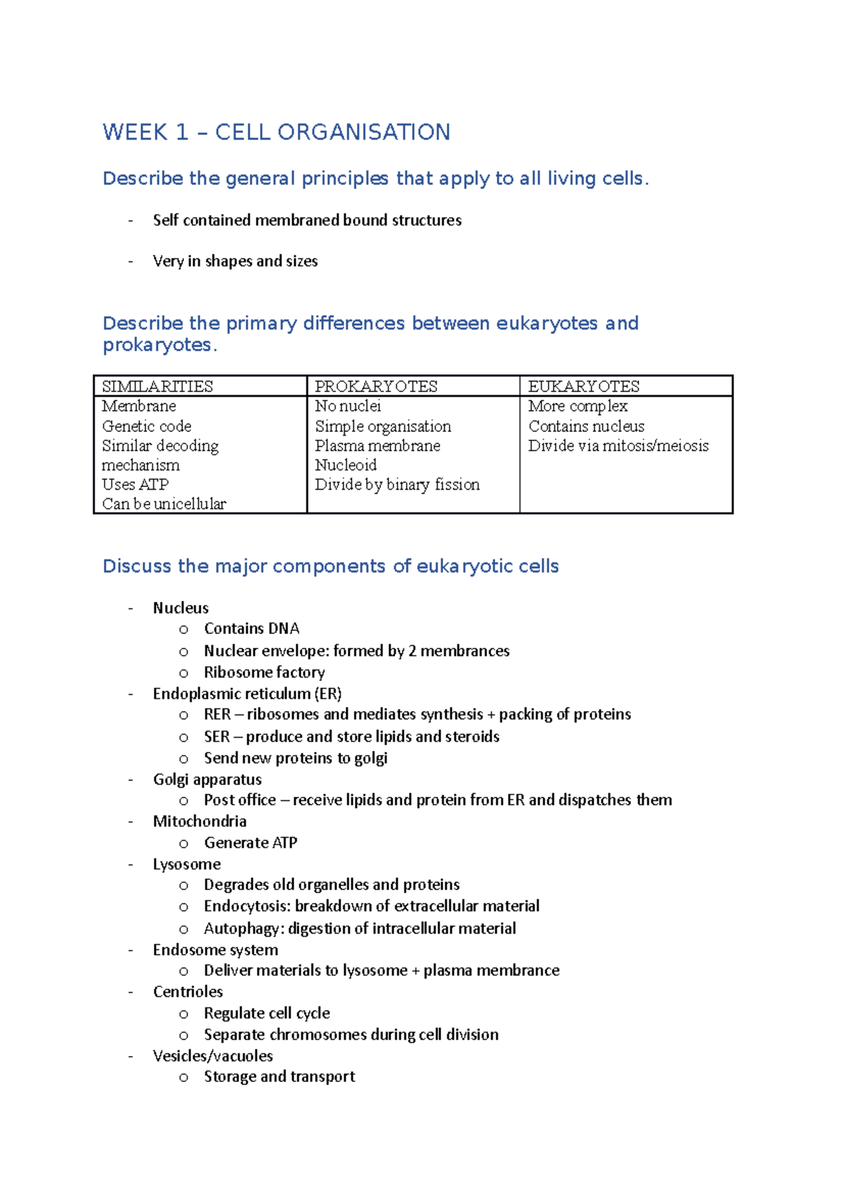 Human CELL Revision - full summary notes - WEEK 1 – CELL ORGANISATION ...