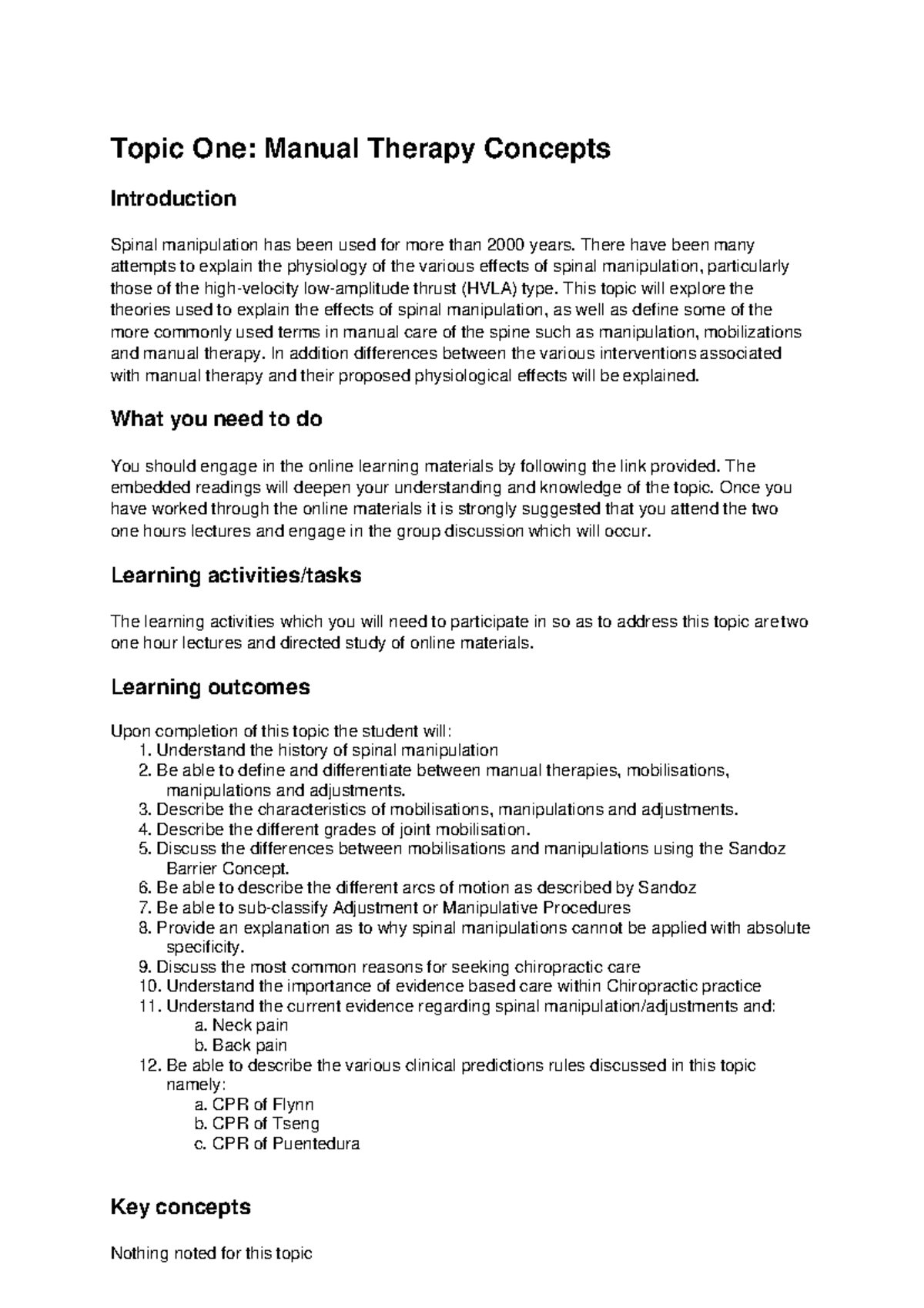 Topic 1 Manual Therapy Concepts Learning Guide Topic One Manual