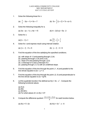 MAT 115 College Algebra And Trigonometry - LaGuardia - StuDocu