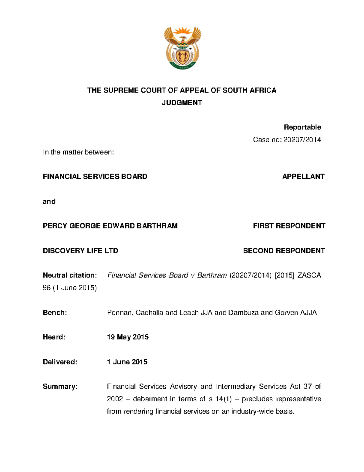 96 - Case Law - THE SUPREME COURT OF APPEAL OF SOUTH AFRICA JUDGMENT ...