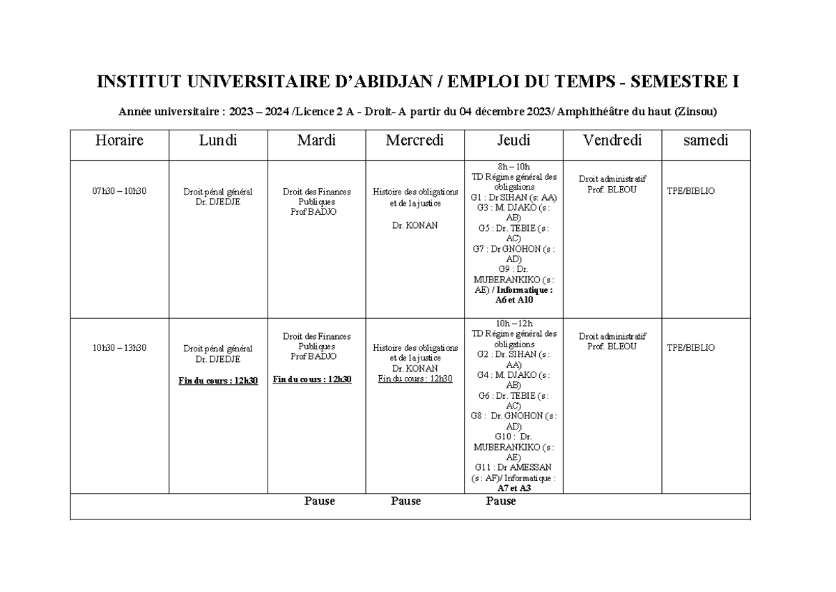Emploi DU Temps 2023-2024 Licence 2 A Semaine du 4 Decembre 2023 ...