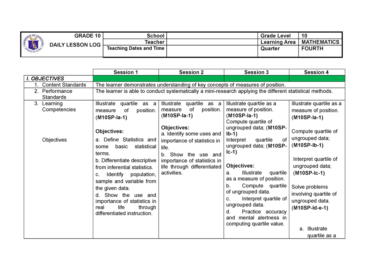 G10 DLL Fourth Quarter GRADE 10 DAILY LESSON LOG School Grade Level