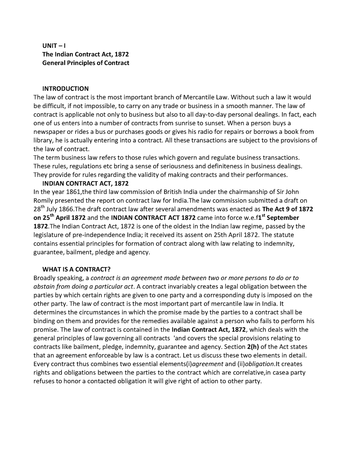 ICA notes w differentiation - UNIT 3 I The Indian Contract Act, 1872 ...