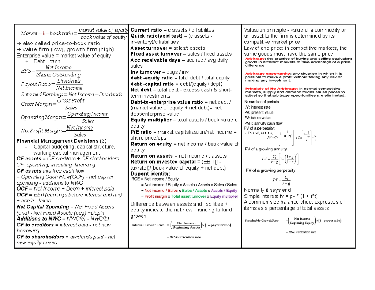 FIN300 Midterm Crip Sheet - Fin 300 - Toronto Met - Studocu