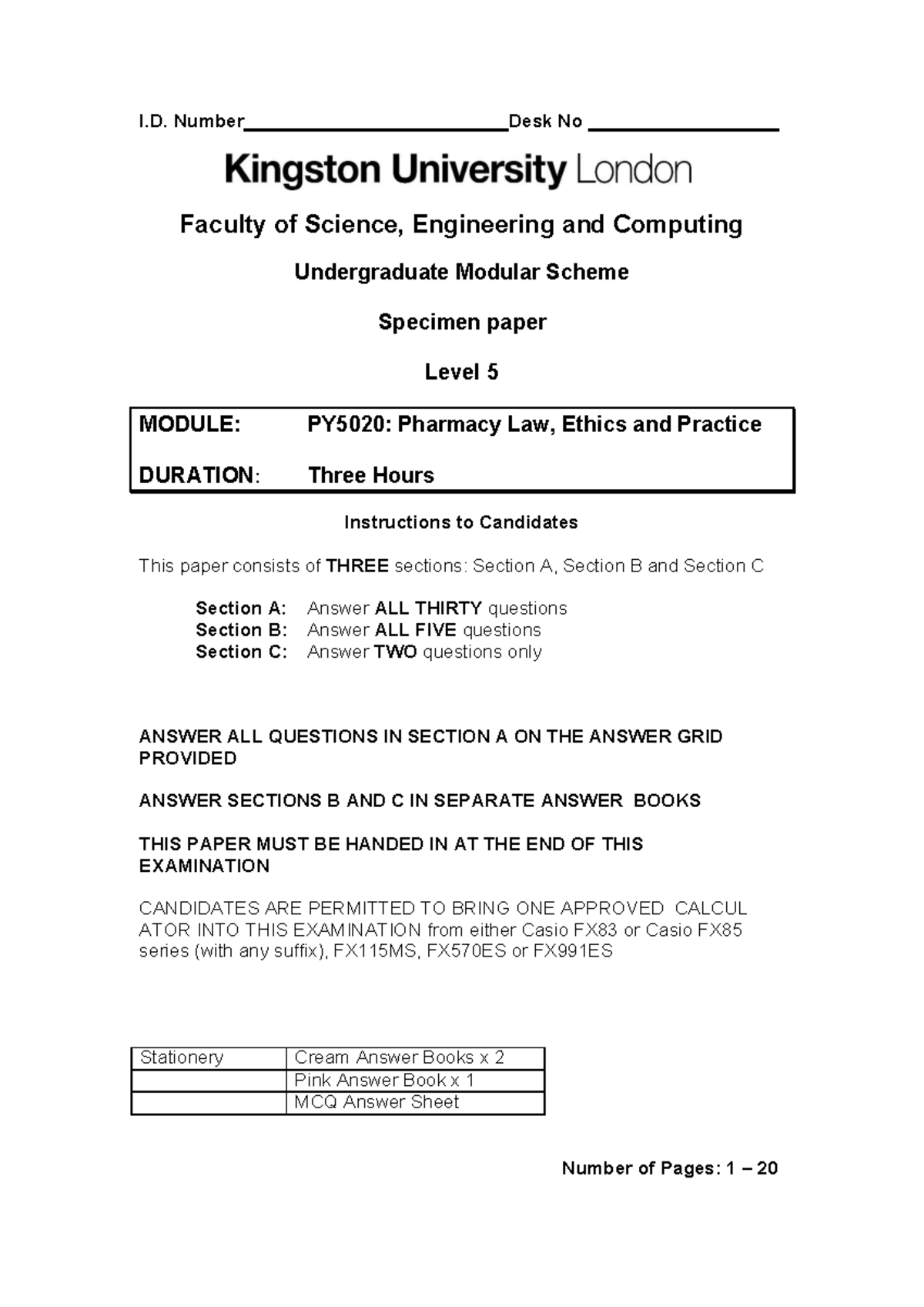 Specimen+paper+2019 . PY5020+with+answers+v2 - DURATION: Three Hours ...
