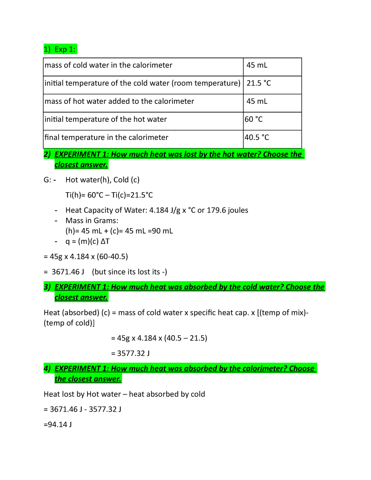 Lab 04 lab answers Exp 1 mass of cold water in the calorimeter 45