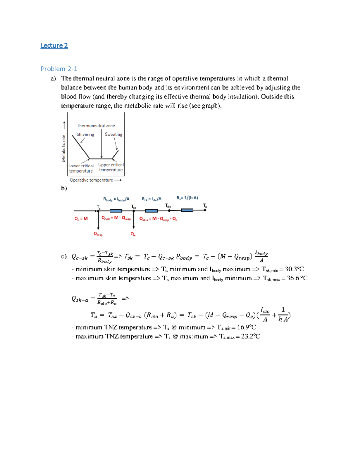 Thermal comfort modelling solutions lecture 2 Lecture 2 Problem 2 a) The thermal neutral