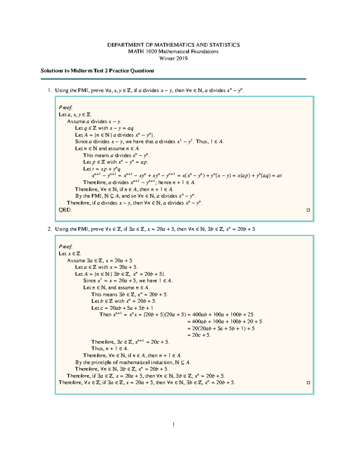 Practice Solutions for Test 2 - DEPARTMENT OF MATHEMATICS AND ...