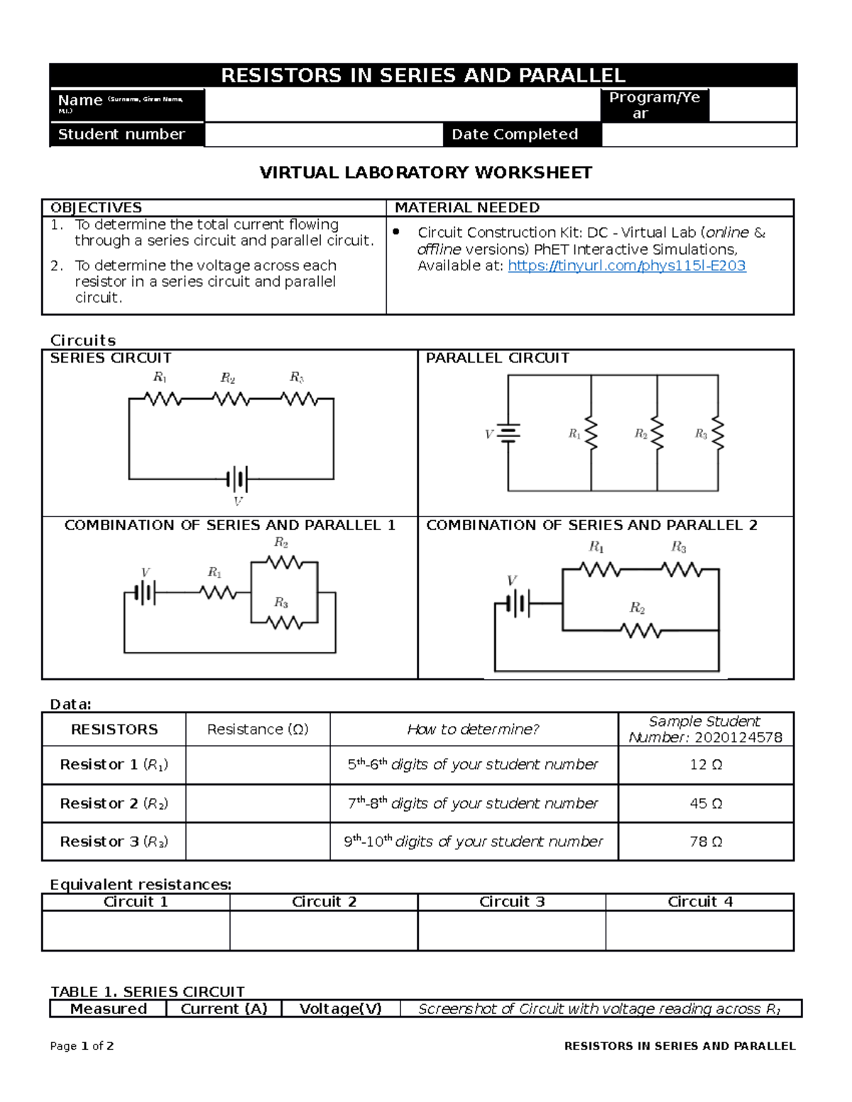 E109 Series and Parallel Connection Data Sheet RESISTORS IN SERIES AND PARALLEL Name (Surname