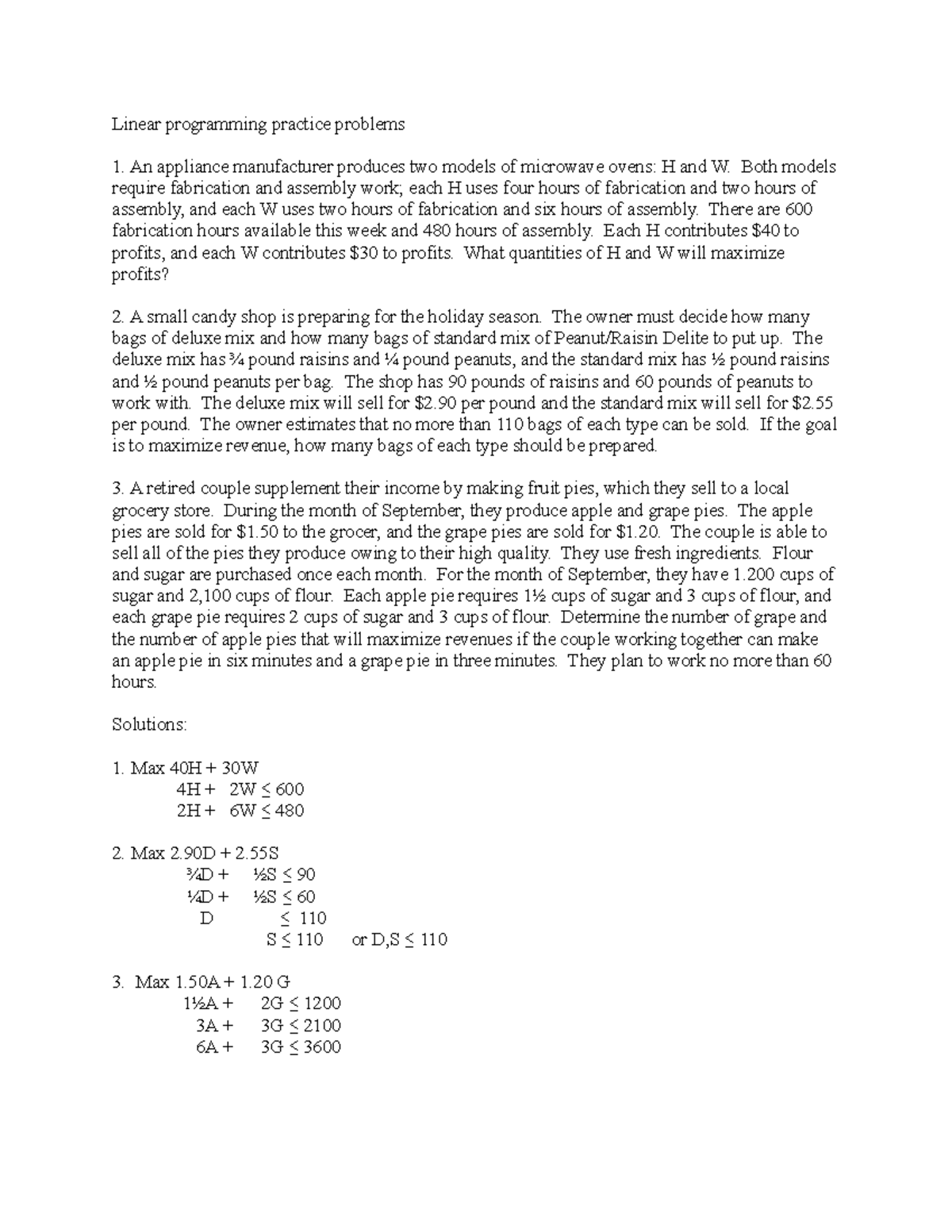 Linear programming practice problems 1 - Both models require ...