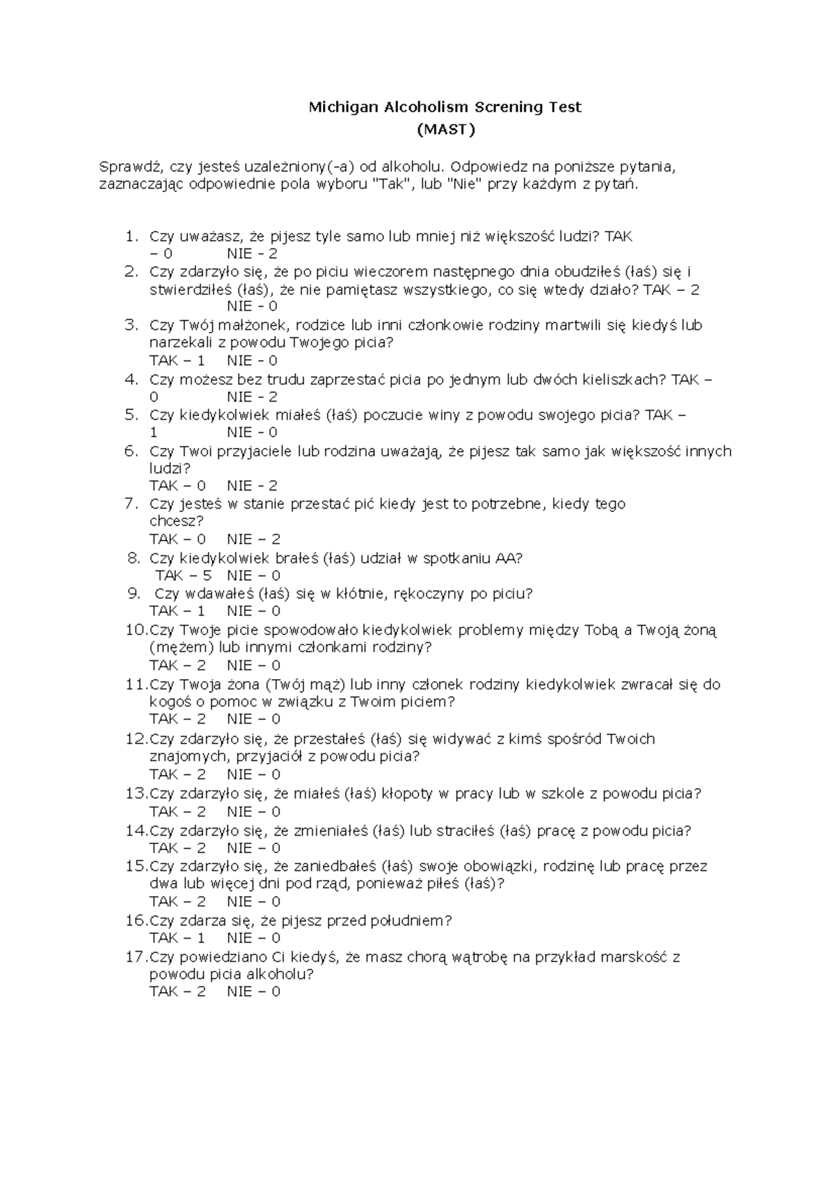 MAST - test przesiewowy - Michigan Alcoholism Screning Test (MAST ...