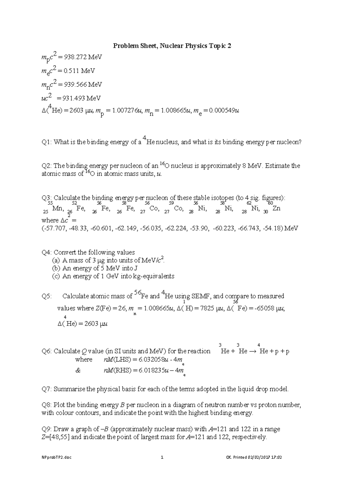 Problem Sheet, Nuclear Physics Topic 2 - NPprobTP2 1 CK. Printed 02/02 ...