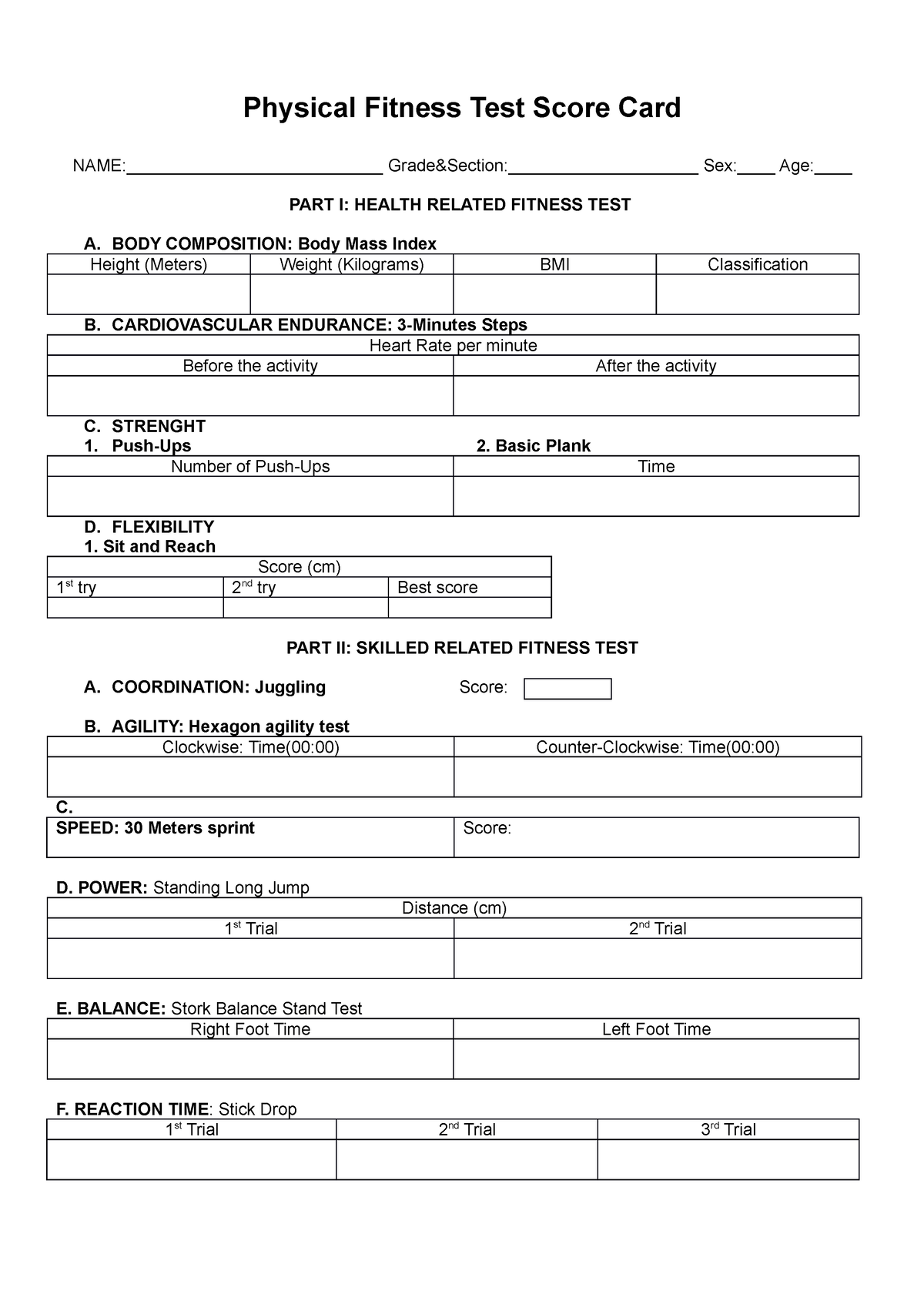 Physical fitness test deals scorecard