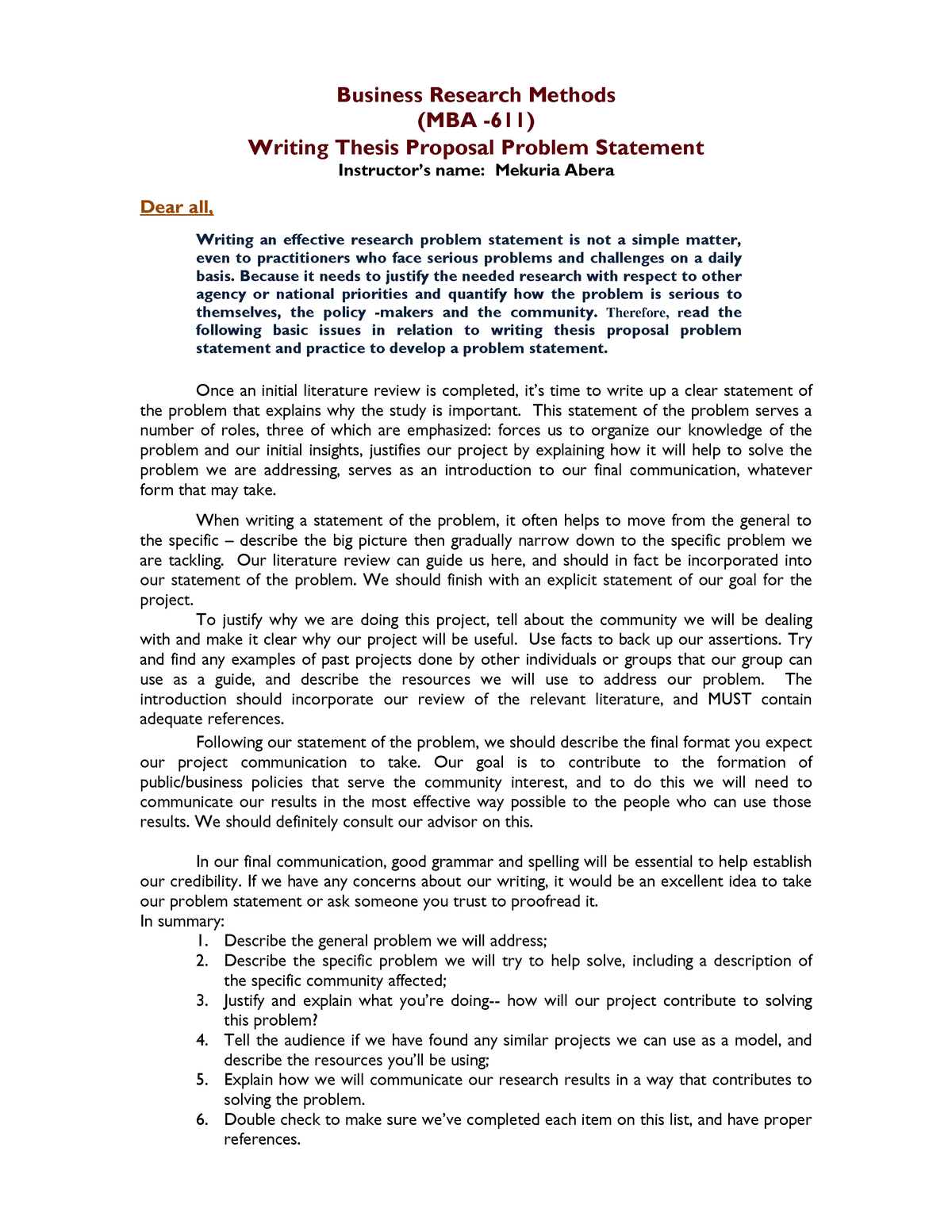 Problem Statement Writing Business Research Methods MBA 6 11 