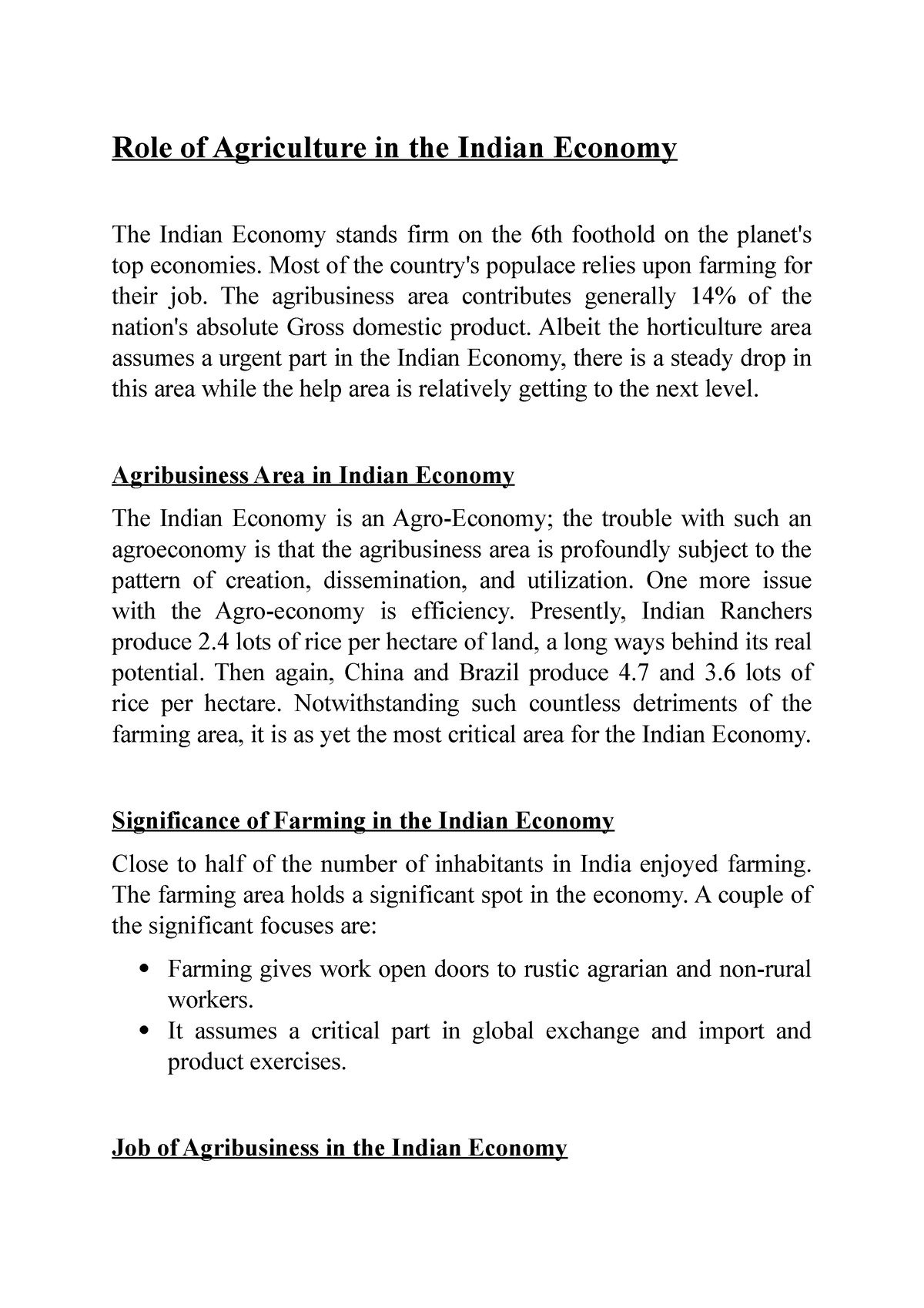 essay role of agriculture in indian economy