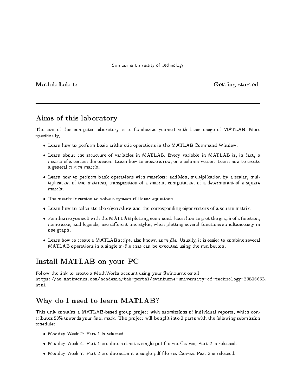 Mlab1 - Mathlab - Swinburne University of Technology Matlab Lab 1 ...