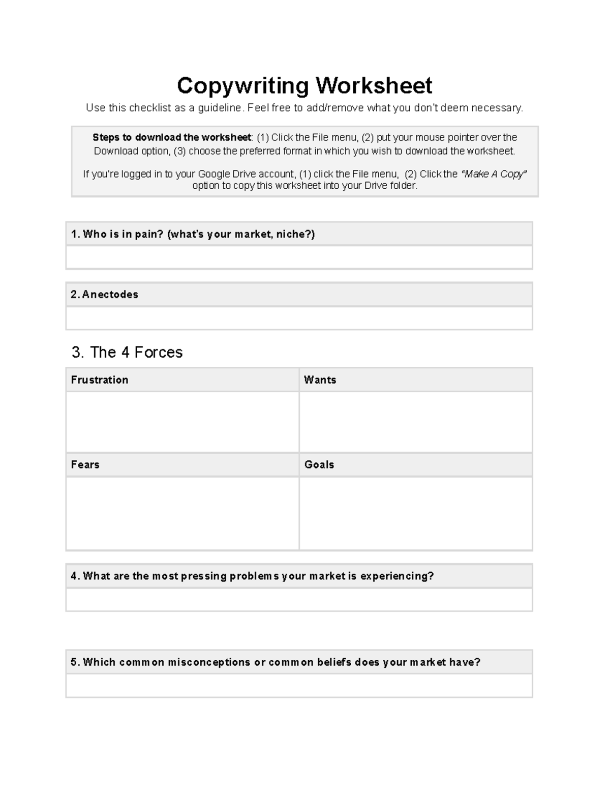 Copywriting Worksheet - Feel free to add/remove what you don’t deem ...