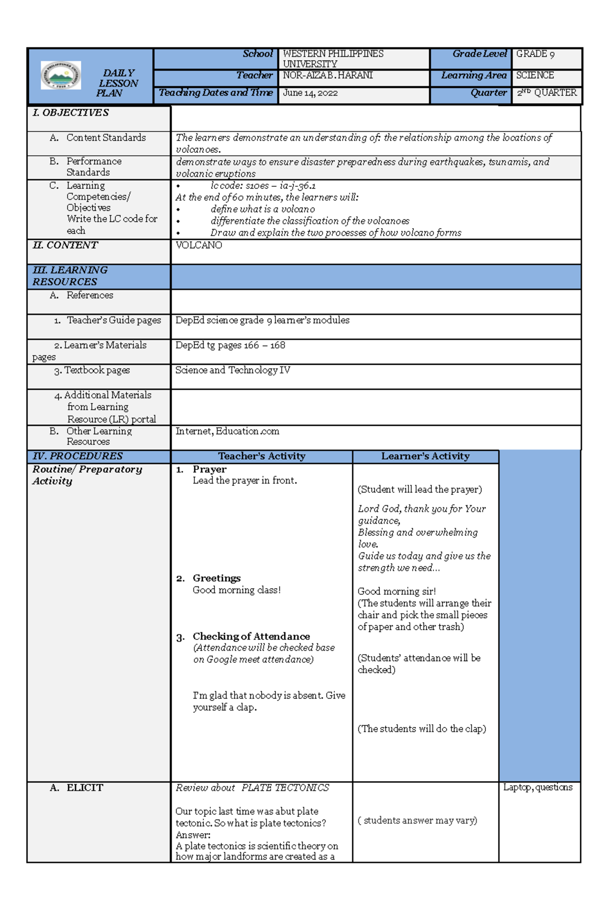 Harani detailed lp - lecture - DAILY LESSON PLAN School WESTERN ...