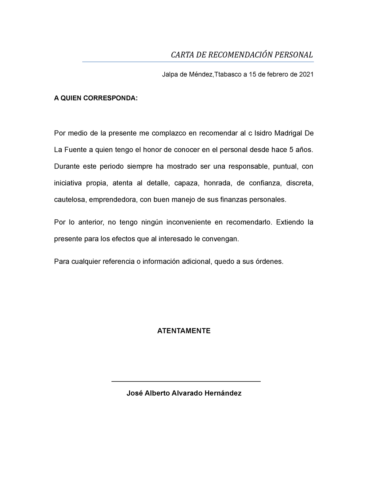 Formato De Carta De Recomendación Personal 1 Carta De RecomendaciÓn