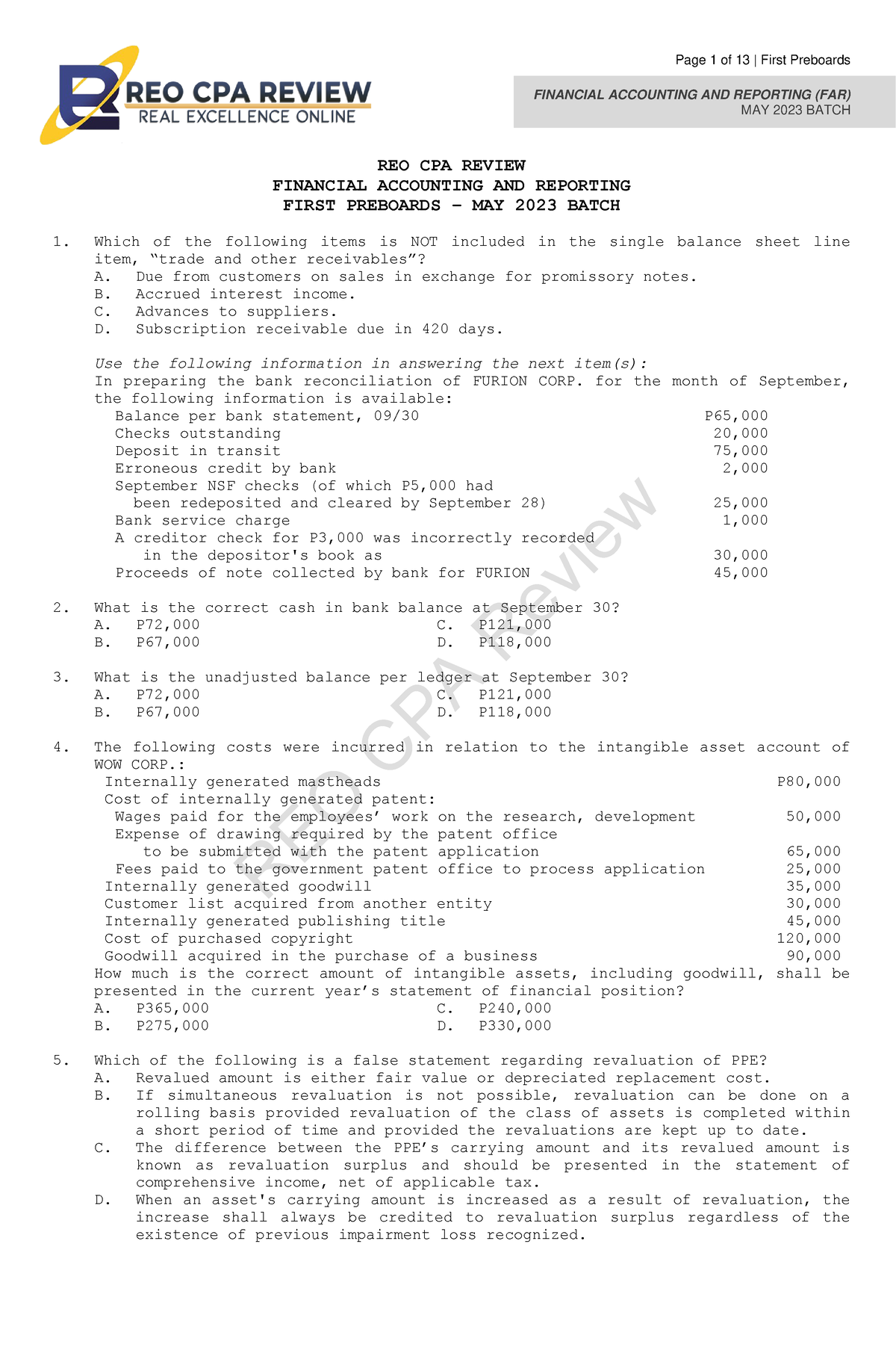 FAR - 1st Preboard Examination - REO CPA Review FINANCIAL ACCOUNTING ...