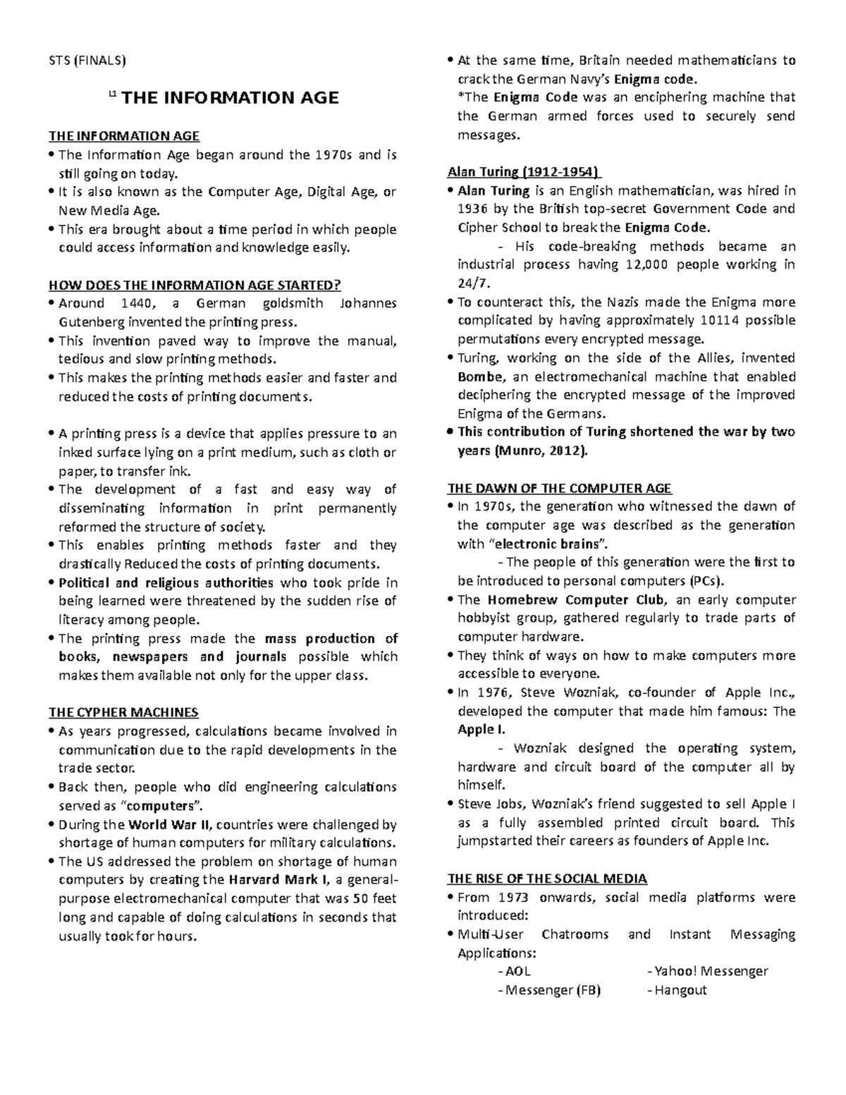 STS Lecture Notes for Finals - STS (FINALS) L1 THE INFORMATION AGE THE ...