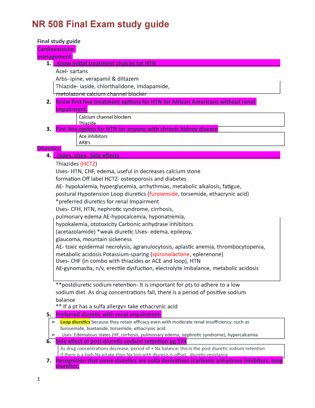 NR 508 Final Exam Study Guide - 1 Final Study Guide Cardiovascular ...