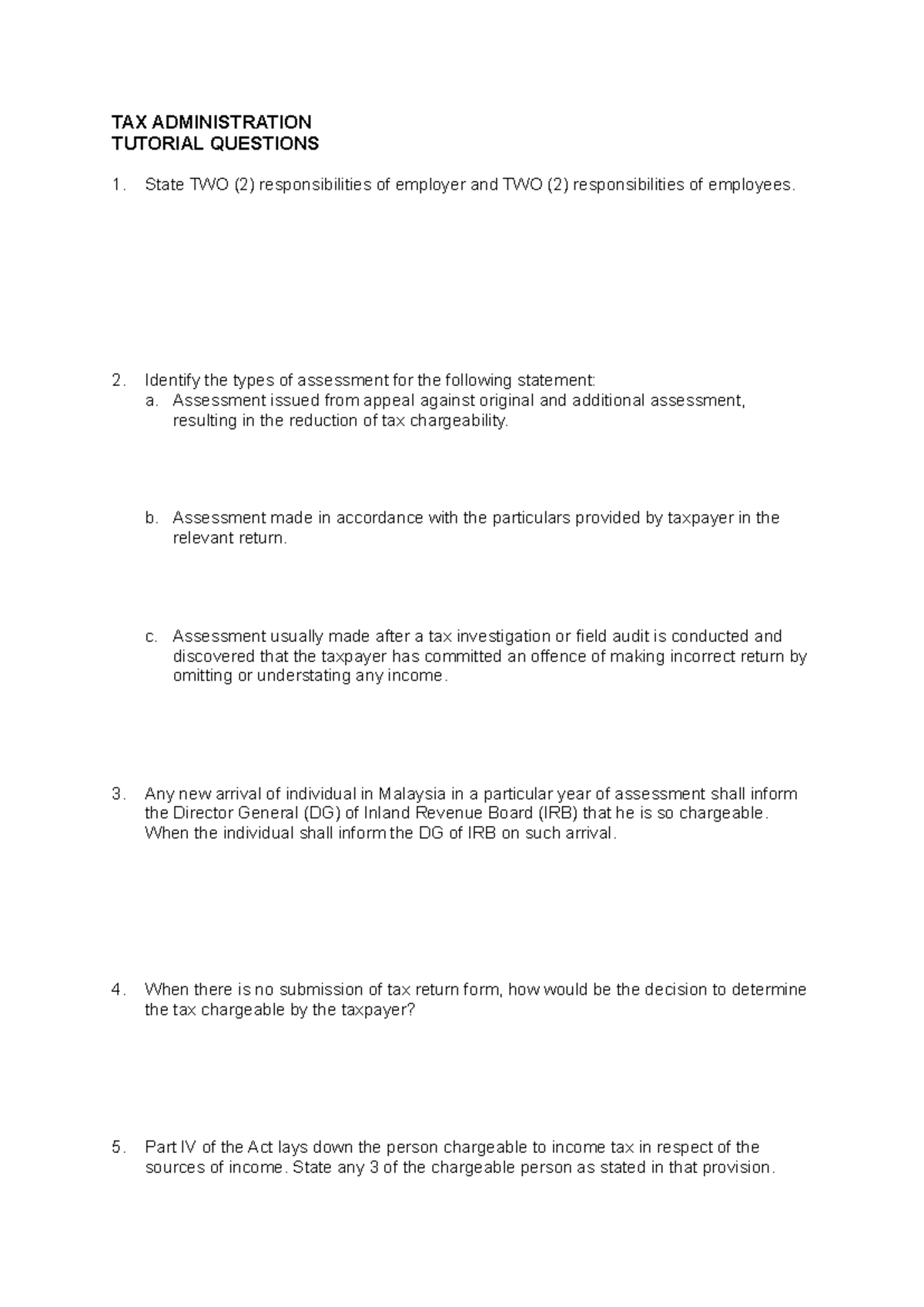 Tutorials Questions Tax Admin - TAX ADMINISTRATION TUTORIAL QUESTIONS ...