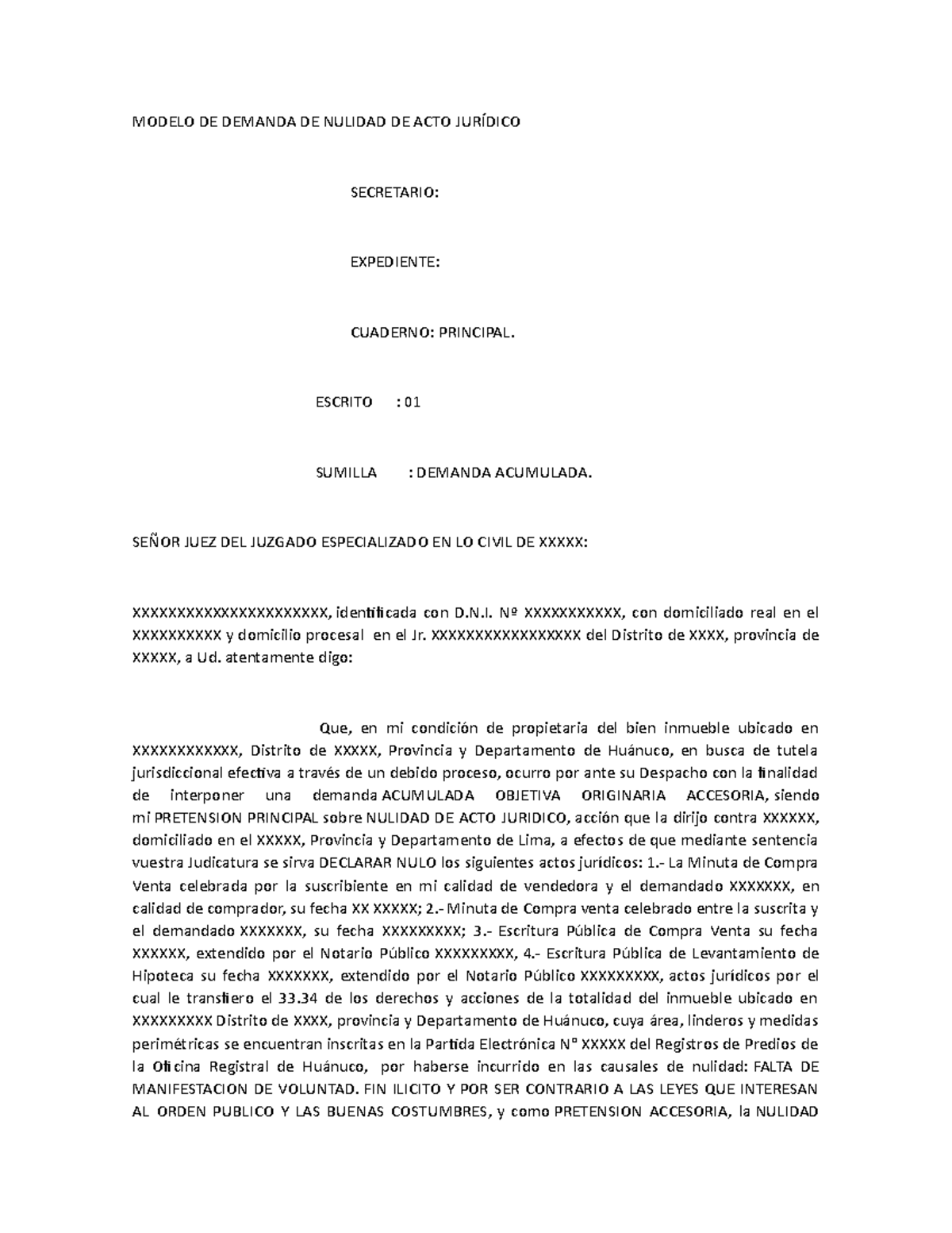 Modelo De Demanda De Nulidad De Acto Jurídico Modelo De Demanda De Nulidad De Acto JurÍdico 2848