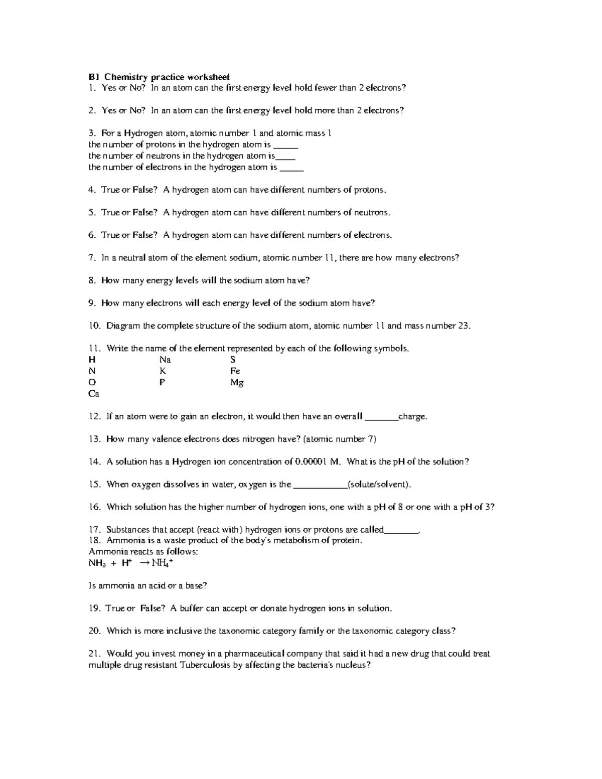 BI Chem practice worksheet - Yes or No? In an atom can the first energy ...