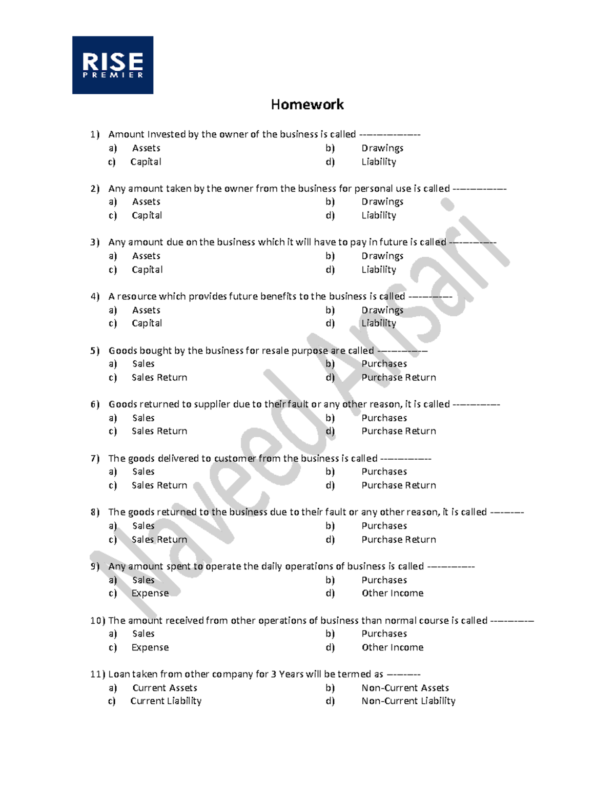 01. Basic Accounting heads - Homework Amount Invested by the owner of ...