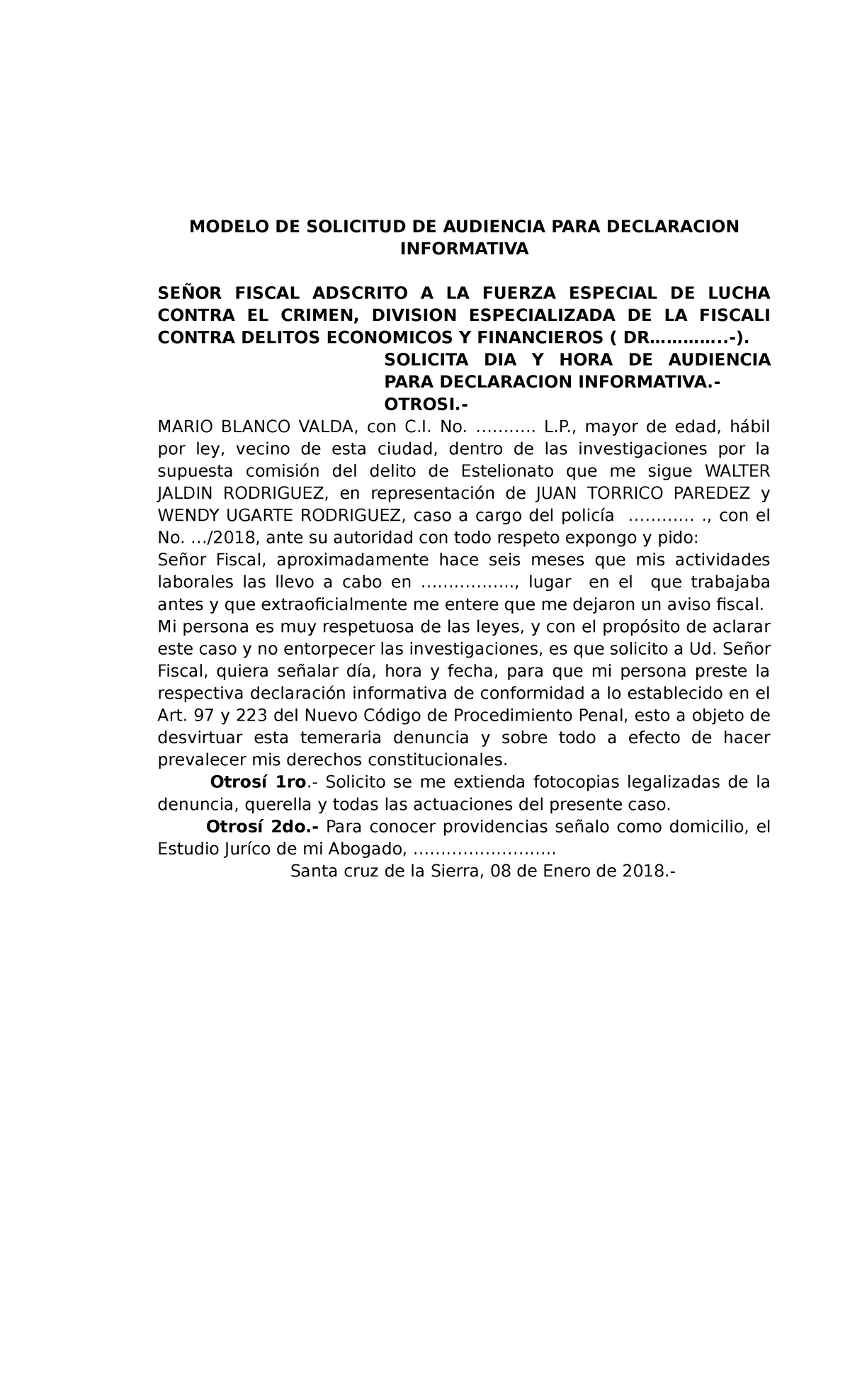 Solicitud DE Audiencia PARA Declaracion Informativa 2 - MODELO DE SOLICITUD  DE AUDIENCIA PARA - Studocu