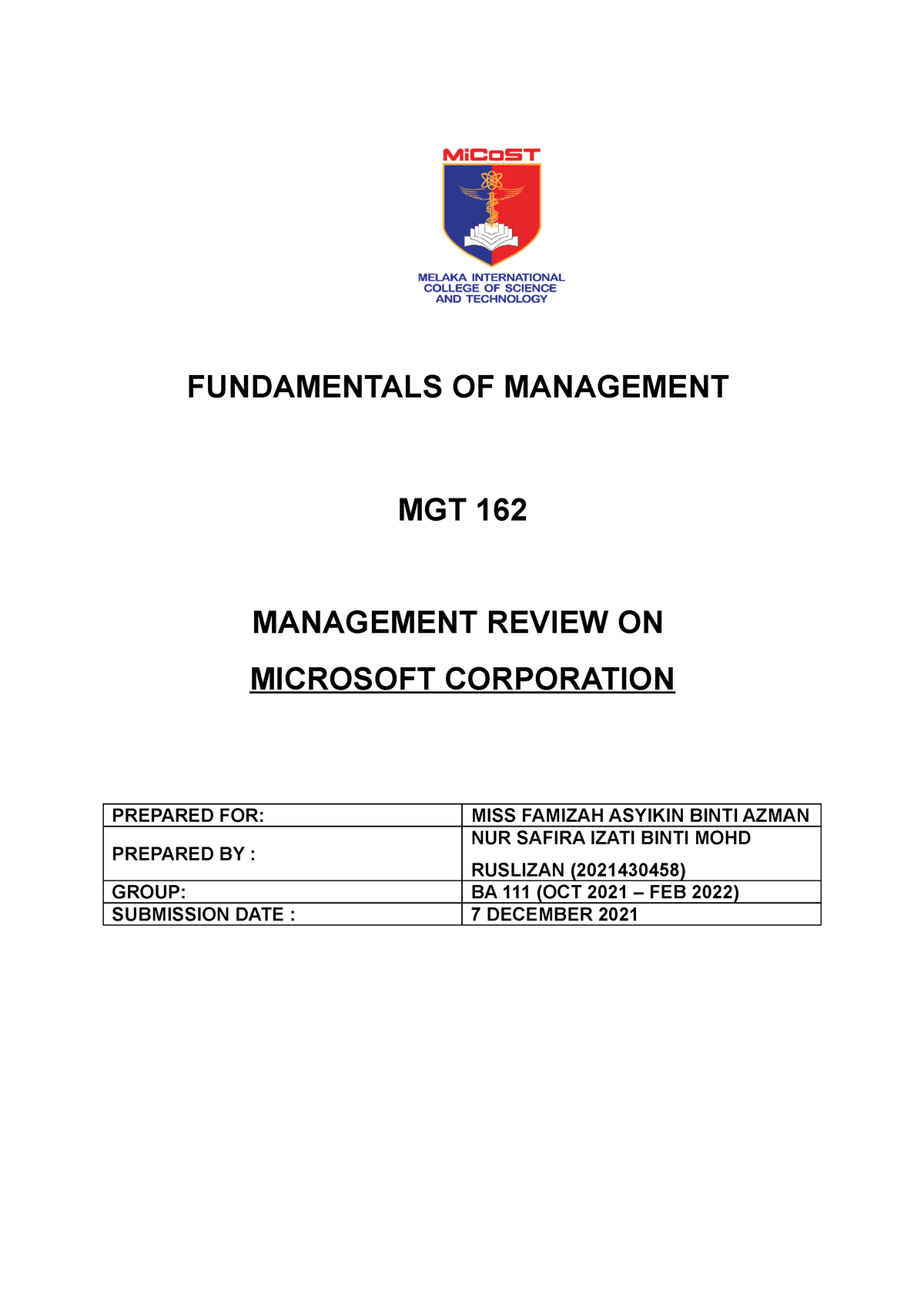 mgt162 assignment company uitm