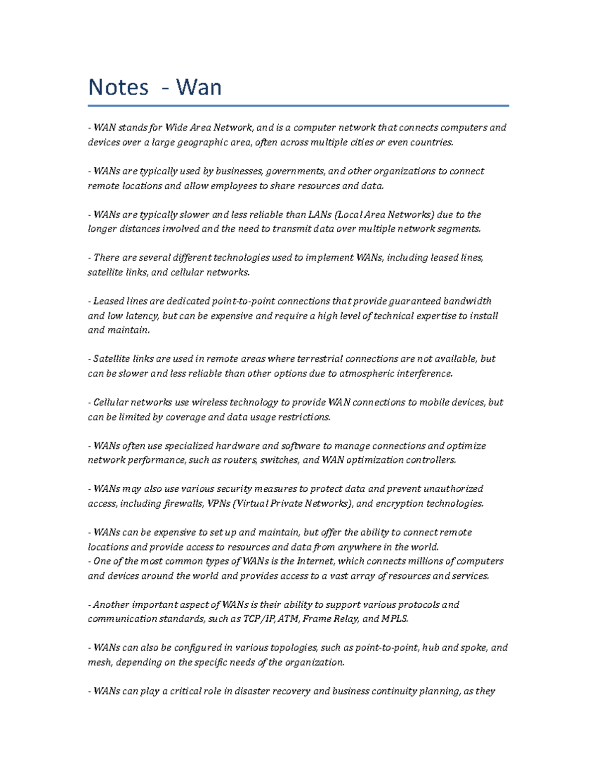 Lecture notes - Wan - Notes - Wan WAN stands for Wide Area Network, and ...