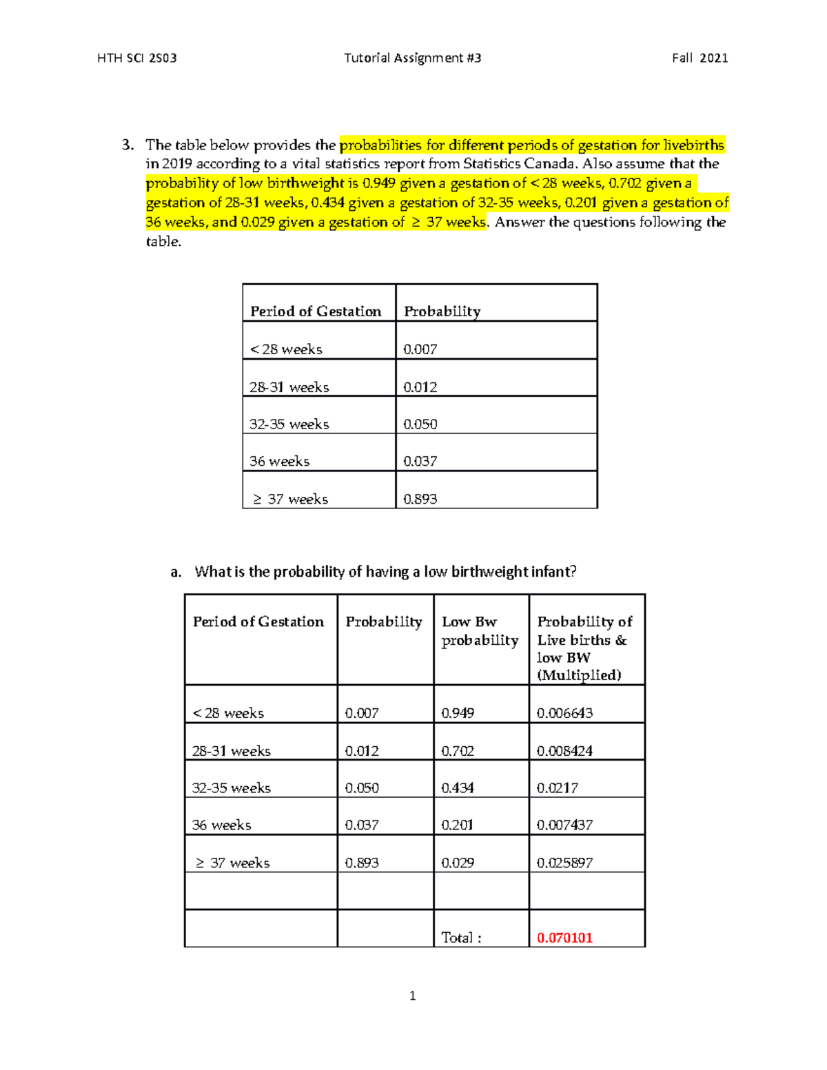 Tutorial Assignment 3 and 3/4 from 2 - The table below provides the ...