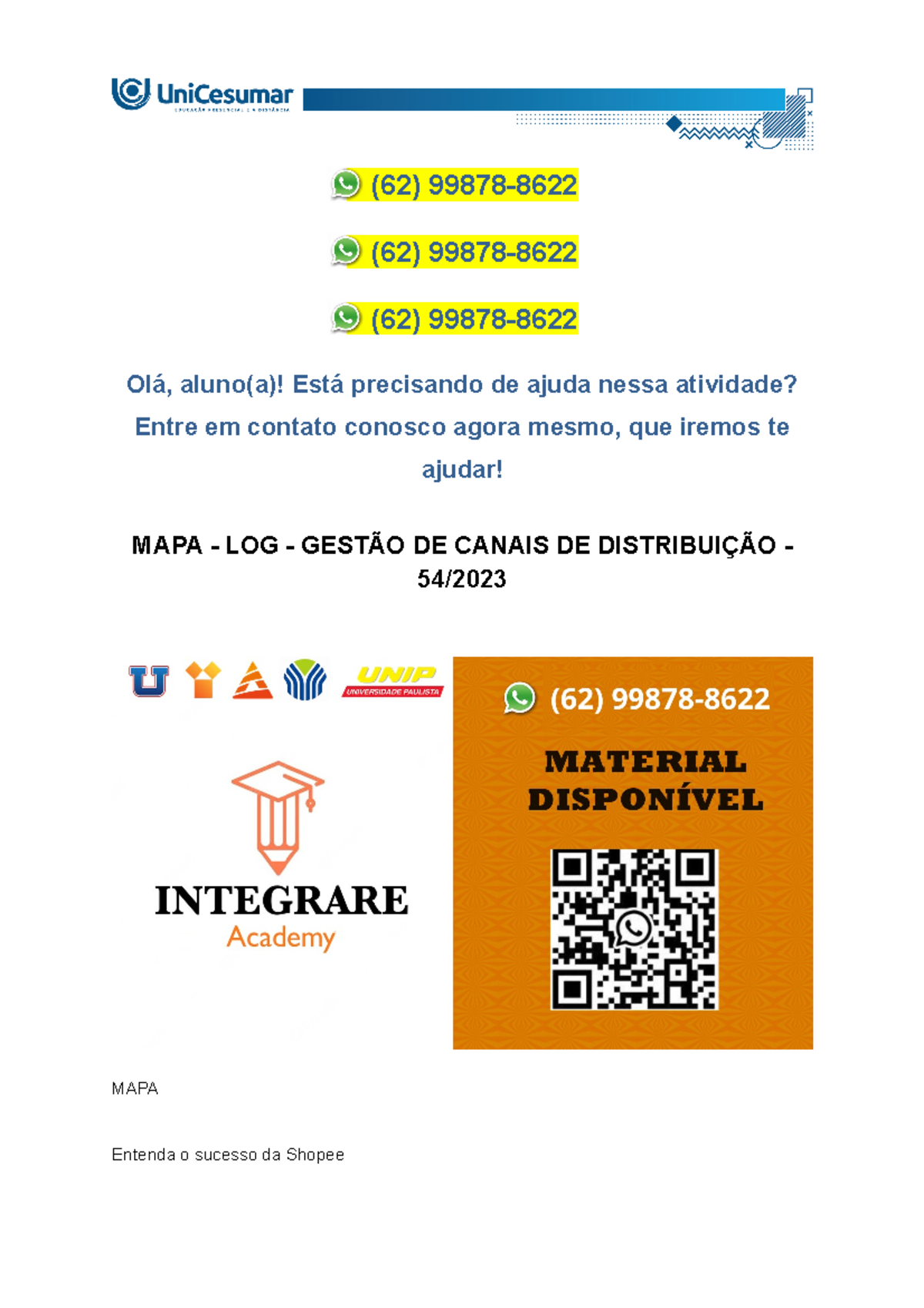 MAPA - LOG - Gestão DE Canais DE Distribuição - 54 2023 - (62) 99878 ...