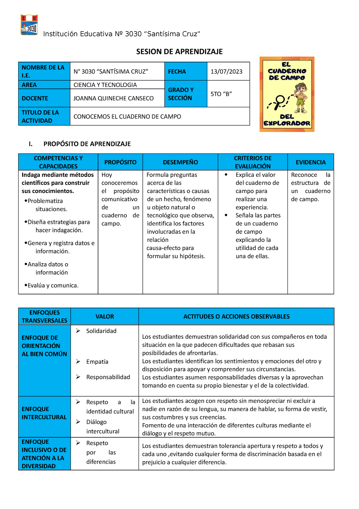 Conocemos EL Cuaderno DE Campo - SESION DE APRENDIZAJE NOMBRE DE LA I ...