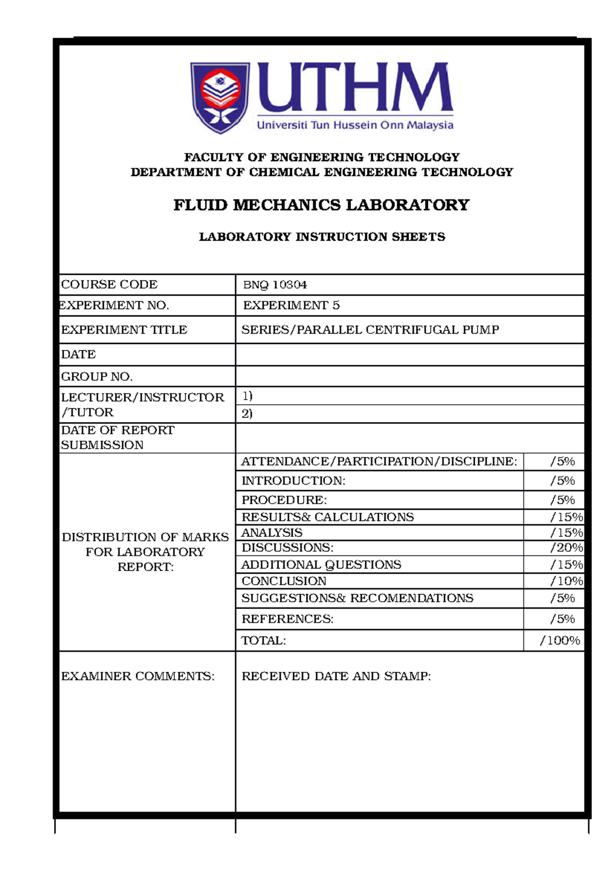 Series PUMP LAB SHEET TECHNOLOGY LABORATORY FLUID MECHANICS