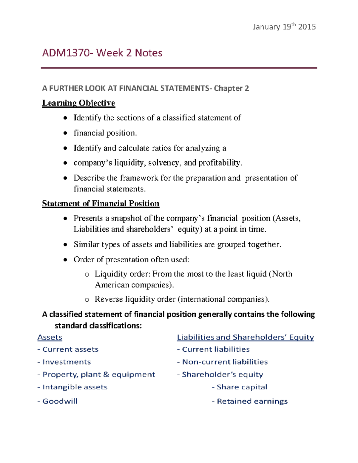 Lecture notes - Week 1, 2 Financial statements, - January 19th 2015 ...