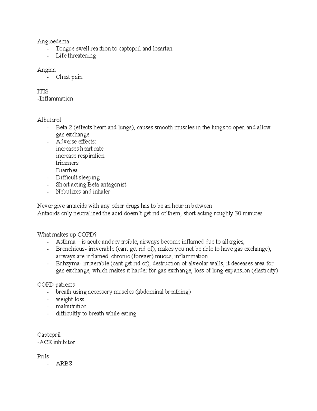 Angioedema Chest Pain Copd Antacids Hypertension - Studocu