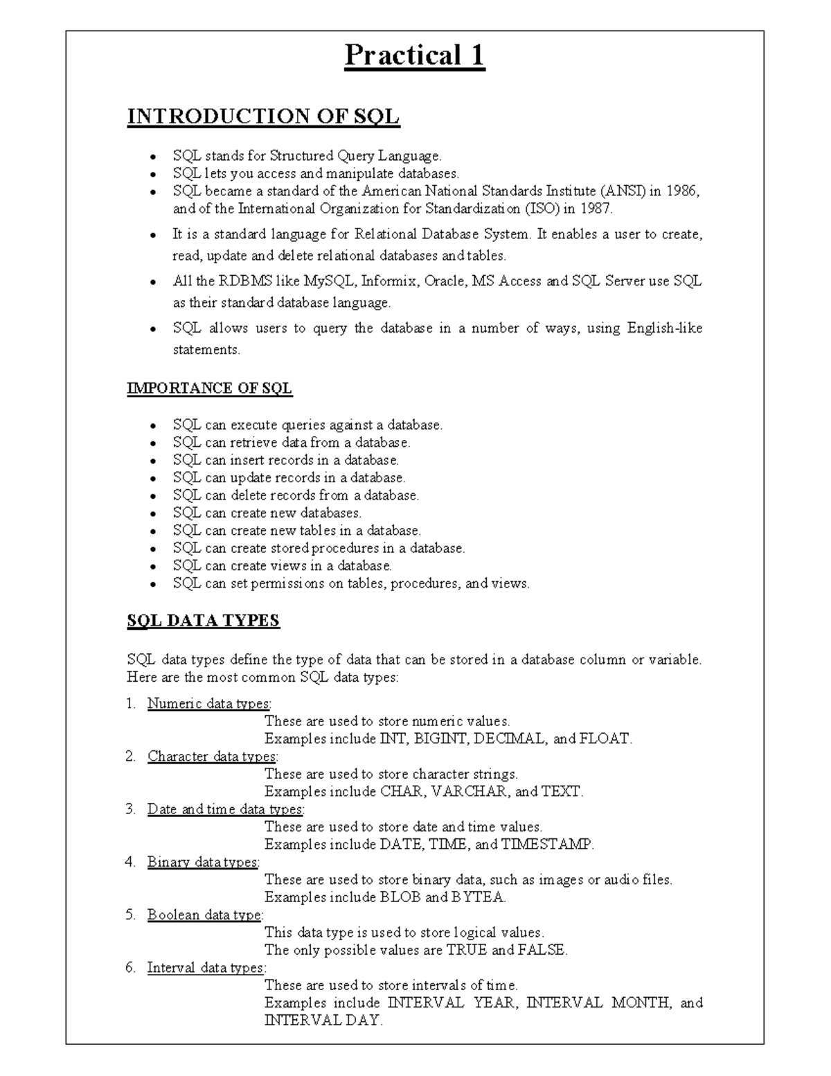 DBMS Practical File final - Practical 1 INTRODUCTION OF SQL SQL stands ...