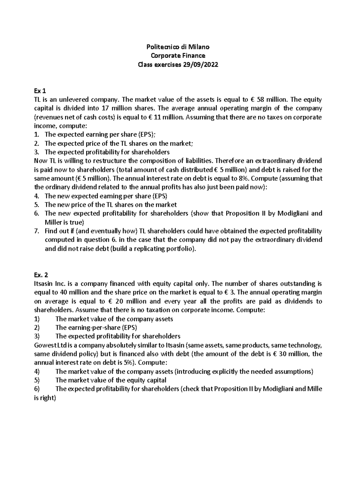 Exercises Part Ii Ex1 Politecnico Di Milano Corporate Finance Class