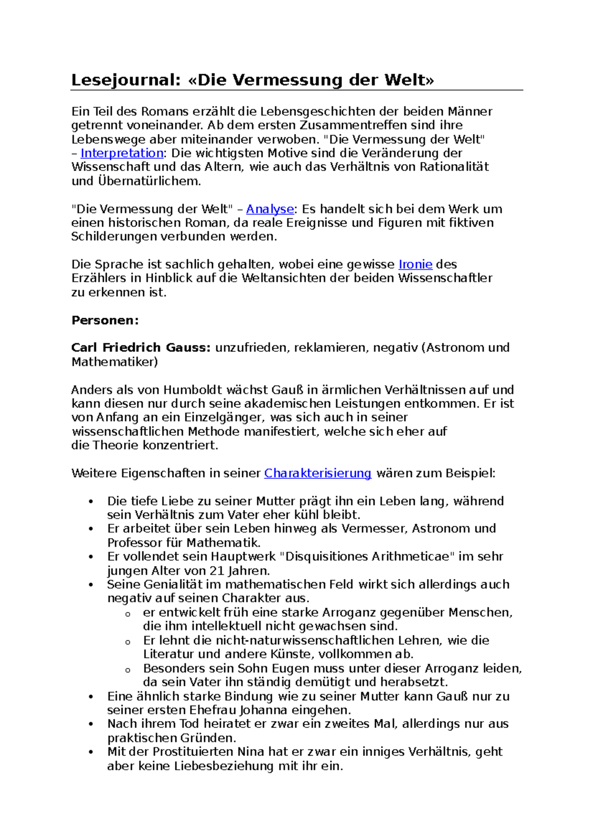 Zusammenfassung Die Vermessung Der Welt Lesejournal Die Vermessung der Welt - Lesejournal: «Die Vermessung der