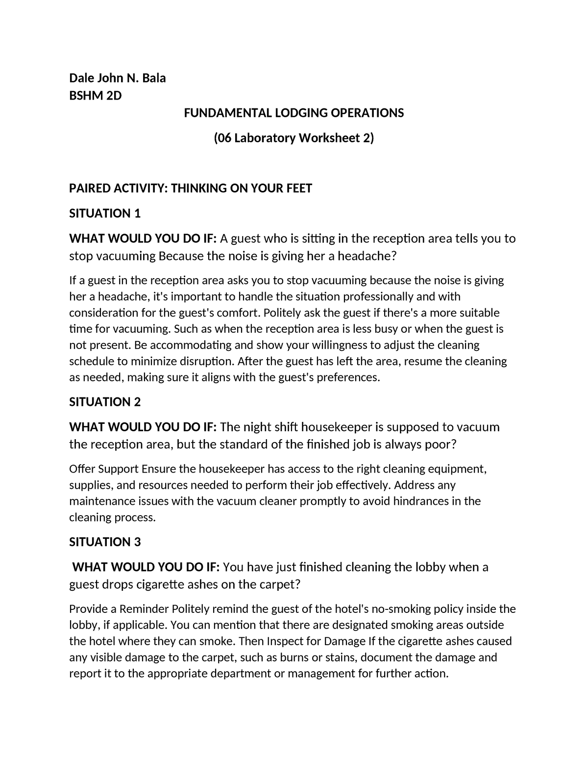 FLO Worksheet 2 06 - homework - Dale John N. Bala BSHM 2D FUNDAMENTAL ...