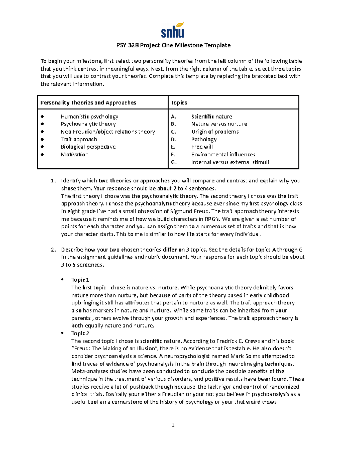 PSY 328 Project One Milestone Template - Next, From The Right Column Of ...