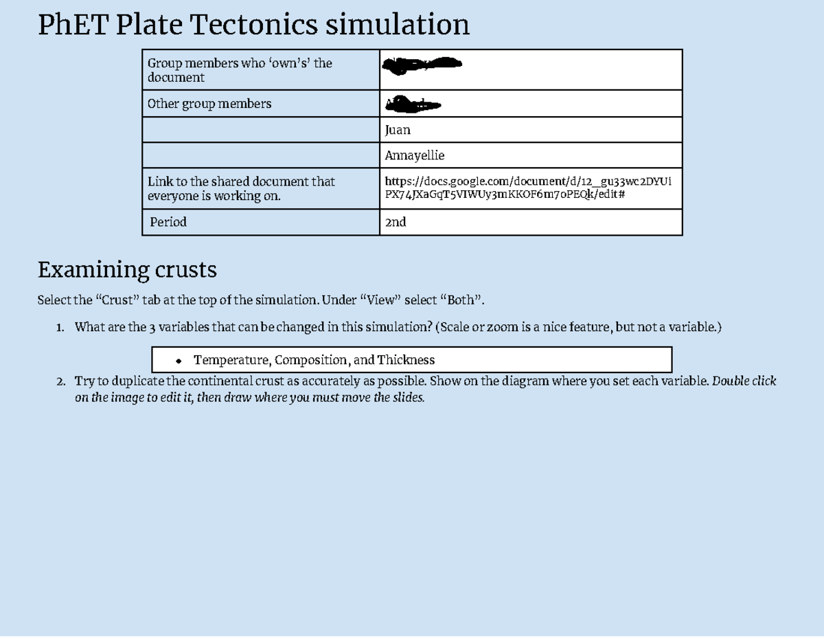 Forensics notes PhET Plate Tectonics simulation Group members who