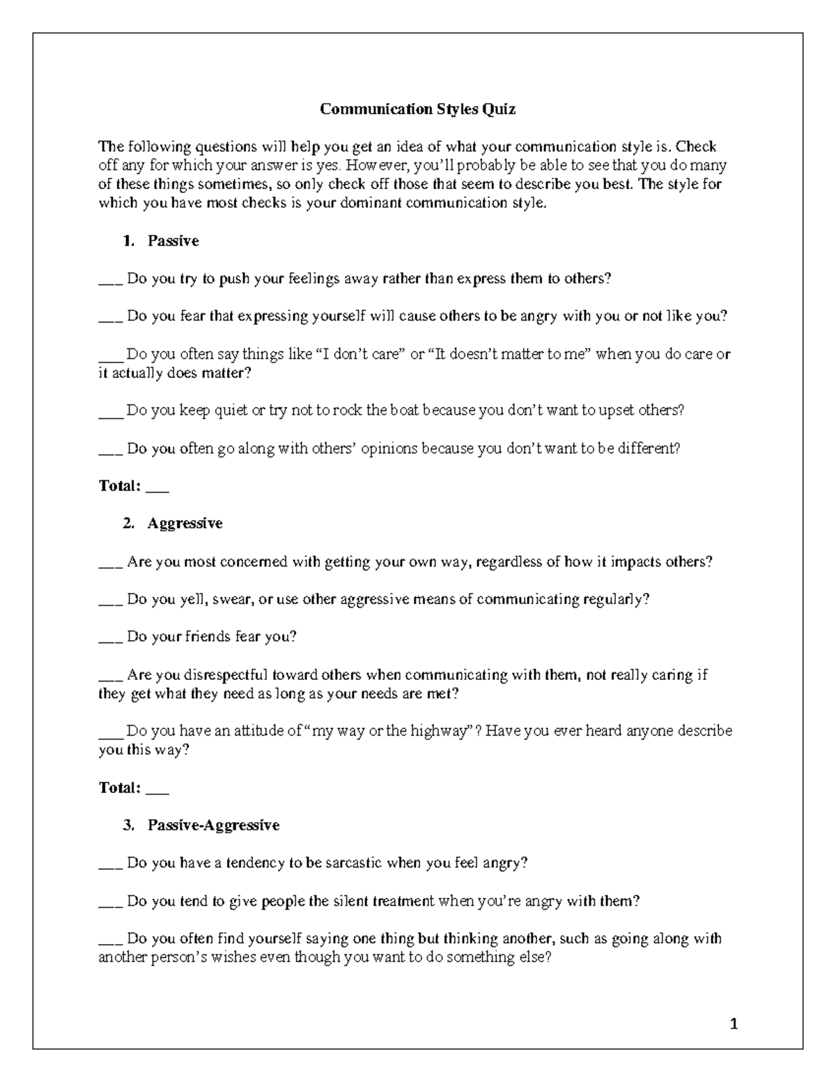Communication Styles Quiz Communication Styles Quiz The Following 