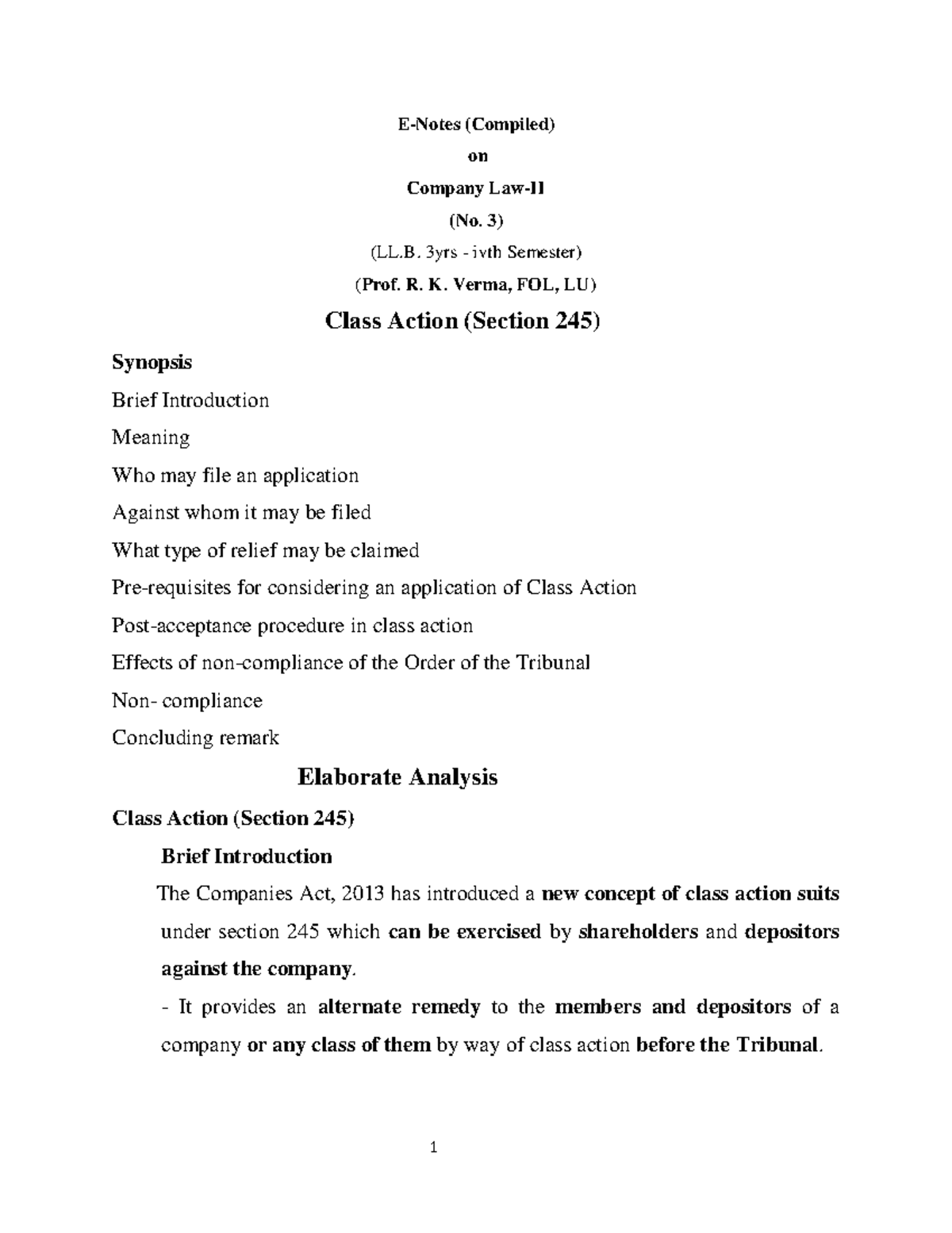 Class Action Suits - E-Notes (Compiled) on Company Law-II (No. 3 ) (LL ...